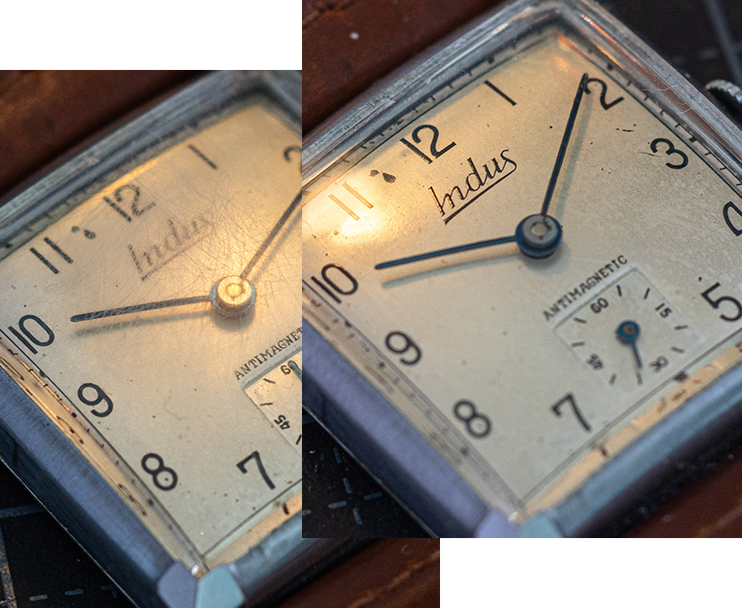 Indus vintage watch before and after PlexiRevive